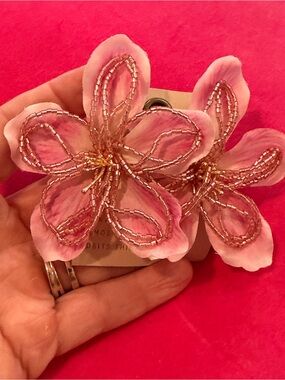 Anthropologie Pink Floral Earrings with Gold Accents NWT